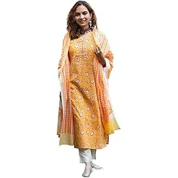 azheez Women's Flower Printed Cotton Round Neck 3/4 Sleeves Kurti with Pant & Malmal Dupatta 3 Piece Set-picture-41