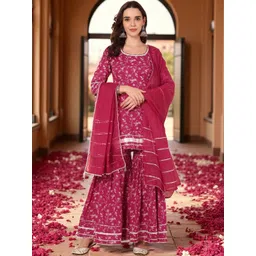 Azira Floral Printed Round Neck Gotta Patti Pure Cotton Kurta With Sharara & Dupatta-picture-12