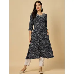 Azira Floral Printed V-Neck Mirror Work A-Line Kurta image 1