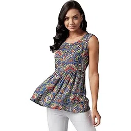 azira Rayon Orange Printed Peplum Sleeveless Top-picture-11