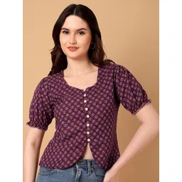 Azira Women Floral Printed Puff Sleeves Shirt Style Crop Top-picture-28