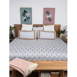 Baarno Blue & White Floral Cotton 220 TC King Bedsheet with 2 Pillow Covers-picture-31