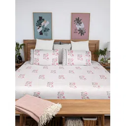 Baarno White & Blue Floral 220 TC King Cotton Bedsheet with 2 Pillow Covers-picture-16