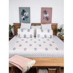 Baarno White & Blue Floral Cotton 220 TC Fitted King Bedsheet with 2 Pillow Covers-picture-20