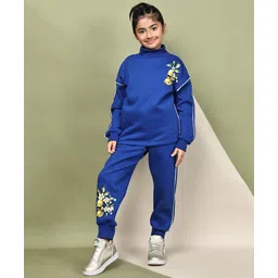 BaawRi Fleece Knit Full Sleeves Floral & Lemons Printed Light Winter Turtle Neck Sweatshirt With Pant Set - Blue-picture-25