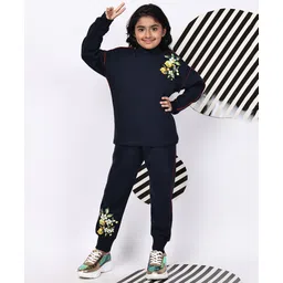 BaawRi Fleece Knit Full Sleeves Floral & Lemons Printed Light Winter Turtle Neck Sweatshirt With Pant Set - Navy Blue-picture-26