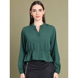 Baawri Women Mandarin Collar Puff Sleeve Cinched Waist Top-picture-29