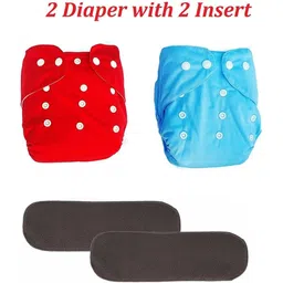 Adjustable Reusable Washable Cotton Cloth Baby Kids Diaper Nappy with 2 Bamboo Charcoal Insert Liner – 0 to 24 Months Pack/Combo of (2 Cloth Diapers Red and Sky Blue +2 Inserts) 4 Pcs - S - M-image-1