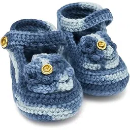 Baby Knit Booties, Blue Striped Pattern with Gold Buttons, Handmade Crochet Shoes-picture-28