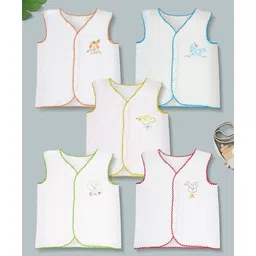 Baby Moo 100% Cotton Pack Of 5 Sleeveless Animals & Bird Embroidered Jhablas - White-picture-11
