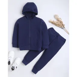 BABY NATION Knitted Knit Full Sleeves Solid Pre Winter Hooded Sweatshirt & Joggers Set - Navy Blue-picture-32