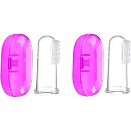Baby Silicone Soft Bristles Finger Tooth Brush With Tongue Cleaner Back And Travel Protective Case Soft Baby Toothbrush For Babies Oral Hygienic Care (PINK,PINK)-picture-22