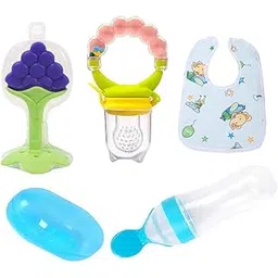 BabyBee Baby Fruit Feeder Pacifier with Rattle (1 Pcs) with 1 PCS Silicone Baby Food Dispensing Spoon 90ML and 1 pcs Fruit Teether 1pcs Finger Brush 1 pcs Baby bib (Blue)-picture-30