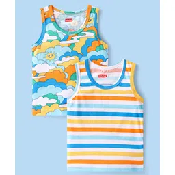 Babyhug 100 % Cotton Knit Sleeveless Sando with Sky Print & Stripes Pack of 2 - Multicolor-picture-14