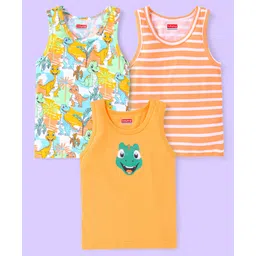 Babyhug 100 % Cotton Knit Sleeveless Striped & Dino Printed Sandos Pack of 3 - Orange & White image 1