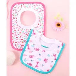 Babyhug 100 % Cotton Pullover Bibs Giraffe & Floral Theme Print Set of 2 - Pink & Blue-image-33