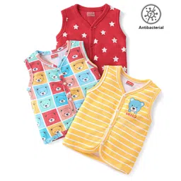 Babyhug 100% Cotton Antibacterial  Front Open Sleeveless Vest Teddy Print Pack of 3 - Multicolour-picture-23