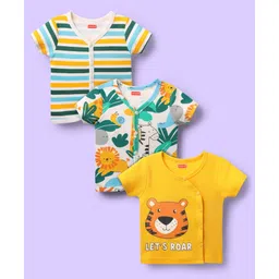 Babyhug 100% Cotton Antibacterial Half Sleeves Front Open Vest With Stripes & Animal Print Pack Of 3 - Yellow & White-picture-26