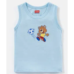 Babyhug 100% Cotton Antibacterial Sleeveless Sando Stripes & Bear Print Pack of 3 - Blue & Red image 4