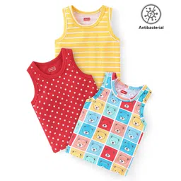 Babyhug 100% Cotton Antibacterial Sleeveless Sando Stripes & Bear Print Pack Of 3 - Red Yellow & Blue-picture-10