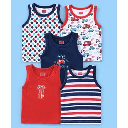 Babyhug 100% Cotton Antibacterial Sleeveless Sando Vests Stripes & Car Print Pack of 5- Blue Red & White-picture-19