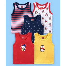 Babyhug 100% Cotton Antibacterial Sleeveless Sando Vests Stripes & Penguin Print Pack of 5- Blue Red & Yellow-picture-15