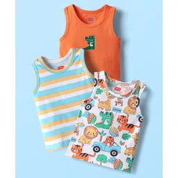 Babyhug 100% Cotton Antibacterial Sleeveless Sando With Stripes & Animal Print Pack Of 3 - Light Blue Orange & White-picture-13