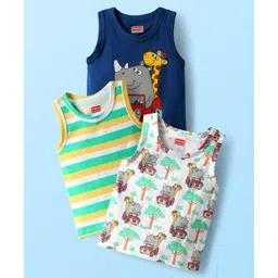 Babyhug 100% Cotton Antibacterial Sleeveless Sando With Stripes & Animal Print Pack Of 3 - Navy Blue Yellow & White-picture-18