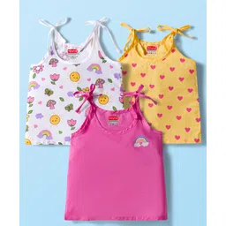 Babyhug 100% Cotton Cambric Woven Sleevesless Shoulder Tie Knot Jhabla with Hearts & Floral Print Pack of 3 - Pink Yellow & White-picture-22