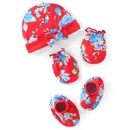 Babyhug 100% Cotton Cap Mittens & Booties Floral Print - Red-picture-17