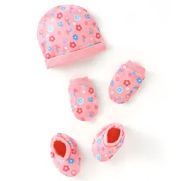Babyhug 100% Cotton Cap Mittens & Booties Set Floral Print - Pink-picture-25