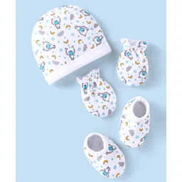 Babyhug 100% Cotton Cap Mittens & Booties Set Teddy Print - White-picture-12