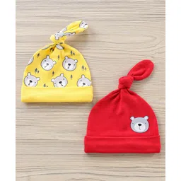 Babyhug 100% Cotton Caps Bear Print Pack of 2 - Yellow Red-image-37