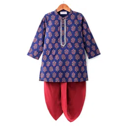 Babyhug 100% Cotton Full Sleeves Kurta & Dhoti Set With Floral Print - Blue & Red-picture-14