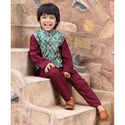 Babyhug 100% Cotton Full Sleeves Kurta Payjama Set With Waistcoat Kite Print - Purple & Blue-picture-18