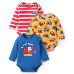 Babyhug 100% Cotton Full Sleeves Onesies Vehicle Print Pack of 3 -Blue Red & Yellow-picture-17