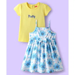 Babyhug 100% Cotton Half Sleeves Inner Tee With Floral Printed & Bow Applique Frock - Light Blue & Yellow-picture-22