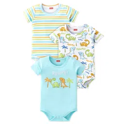 Babyhug 100% Cotton Half Sleeves Onesies Pack Of 3 Dino Print - Blue & Green-picture-12