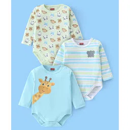 Babyhug 100% Cotton Half Sleeves Onesies Striped And Wild Animals Print Pack Of 3 - Blue & Green-picture-19