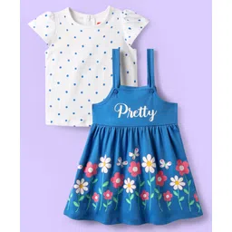 Babyhug 100% Cotton Half Sleeves Polka Dots & Floral Printed Frock With Inner Tee - Blue-picture-35