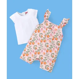 Babyhug 100% Cotton Half Sleeves Tee & Dungaree Set Tangerine Print- White & Light Orange-image-3