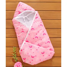 Babyhug 100% Cotton Hooded Quilted Wrapper Moon Print - Pink-picture-23