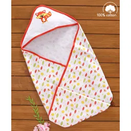 Babyhug 100% Cotton Hooded Wrapper Racoon Print - Orange-picture-18
