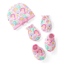 Babyhug 100% Cotton Interlock Knit Cap Mitten & Booties with Rainbow  Print & Bow Applique -Pink-image-26