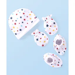 Babyhug 100% Cotton Interlock Knit Cap Mitten & Booties with Star   Print -White-picture-20