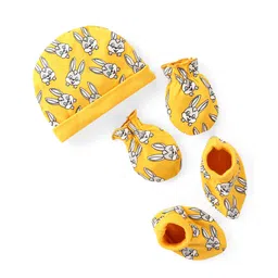 Babyhug 100% Cotton Interlock Knit Cap Mitten& Booties with Bunny Print - Yellow-image-23