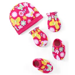 Babyhug 100% Cotton Interlock Knit Cap Mittens & Booties Set with Floral Print - Pink-image-21