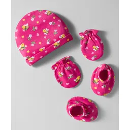Babyhug 100% Cotton Interlock Knit Cap Mittens & Booties Set With Floral Print Pink - Diameter 32 cm-image-24