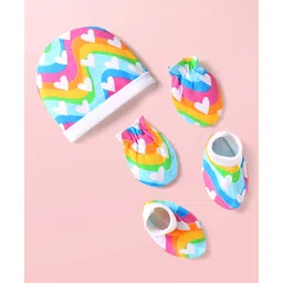 Babyhug 100% Cotton Interlock Knit Cap Mittens & Booties Set with Heart Print & Color Block Design Multicolor - Diameter 15 cm-image-41