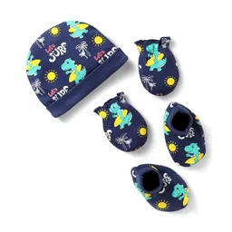 Babyhug 100% Cotton Interlock Knit Cap Mittens & Booties Set With Surf Print - Navy Blue-image-16